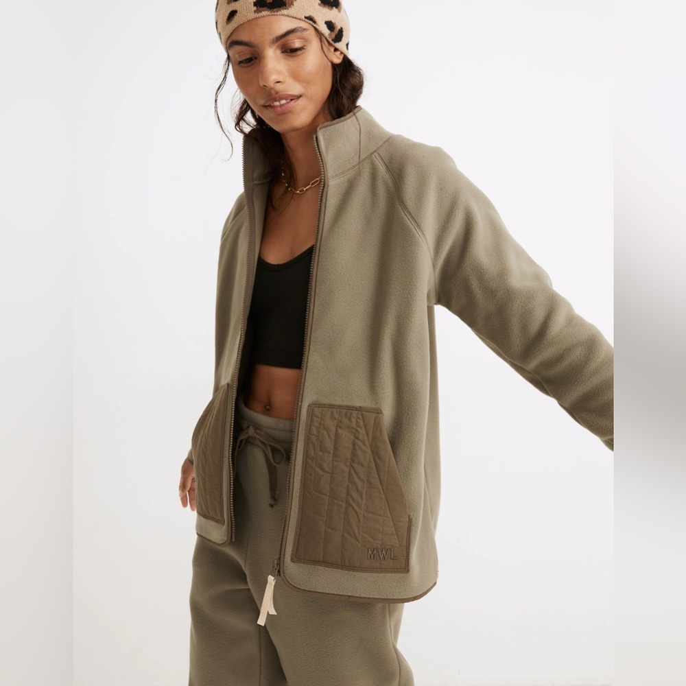 Madewell MWL Better Fleece Zip Up Quilted‎ Pocket Khaki Wmn’s Jacket Sz 2XS